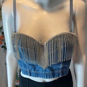 Micas Blue Jewel-Fringe Cropped Denim Bustier Top Embellished‎ Size Large